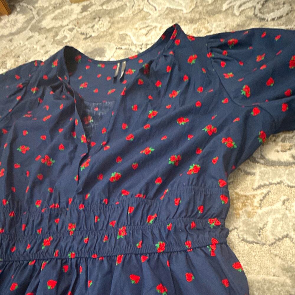 Anthropologie Blue Strawberry Print Cotton Mid Length Dress V-Neck Size XL